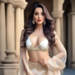 A glamorous and stylish image of Indian actress Nora Fatehi wearing a fashionable outfit