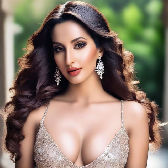 A glamorous and stylish image of Indian actress Nora Fatehi wearing a fashionable outfit