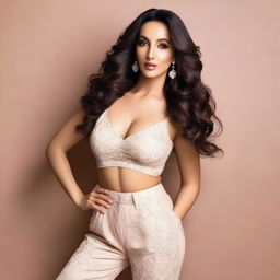 A glamorous and stylish image of Indian actress Nora Fatehi wearing a fashionable outfit