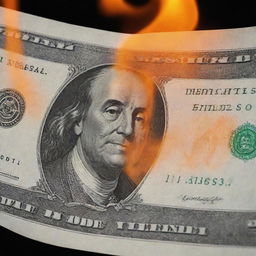 A realistic image of a money bill experiencing the slow, searing kiss of a bright orange flame, bringing a crisp texture to its once smooth surface.