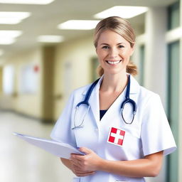 A friendly nurse in a hospital setting, wearing a traditional white uniform with a red cross emblem