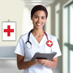 A friendly nurse in a hospital setting, wearing a traditional white uniform with a red cross emblem