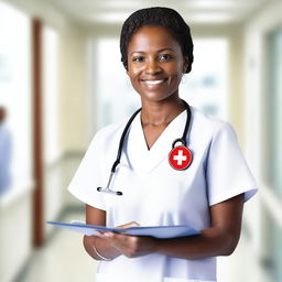 A friendly nurse in a hospital setting, wearing a traditional white uniform with a red cross emblem