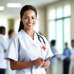 A friendly nurse in a hospital setting, wearing a traditional white uniform with a red cross emblem