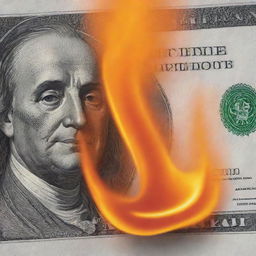 A realistic image of a money bill experiencing the slow, searing kiss of a bright orange flame, bringing a crisp texture to its once smooth surface.