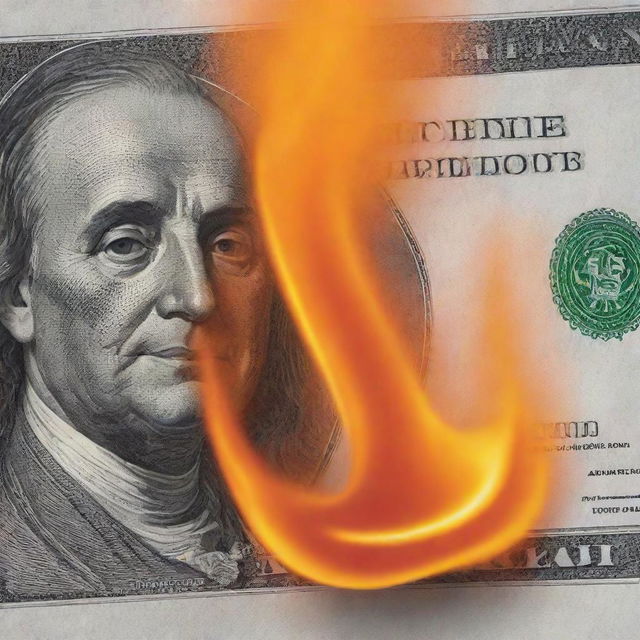 A realistic image of a money bill experiencing the slow, searing kiss of a bright orange flame, bringing a crisp texture to its once smooth surface.