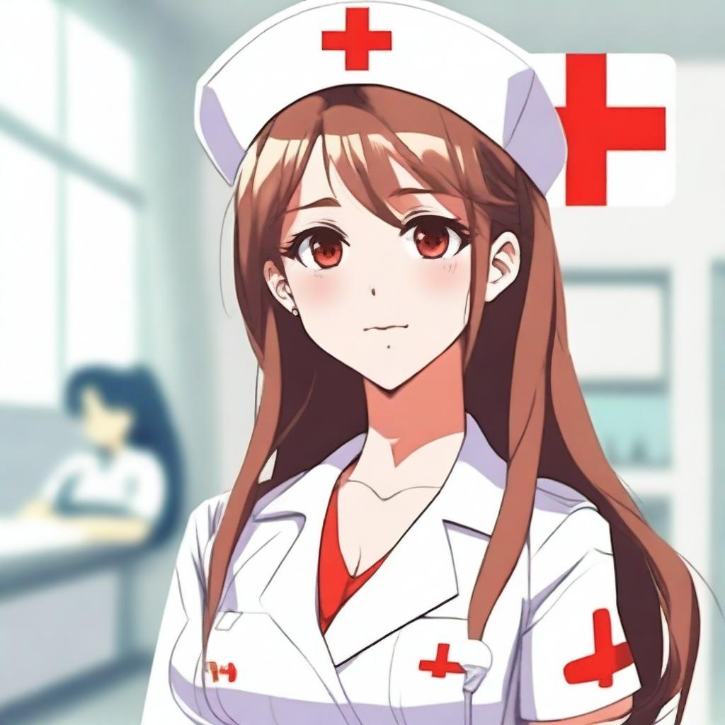 A beautiful anime-style nurse with a caring expression, wearing a traditional white nurse uniform with a red cross on her cap