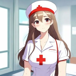 A beautiful anime-style nurse with a caring expression, wearing a traditional white nurse uniform with a red cross on her cap