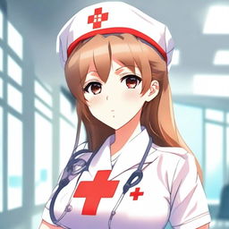 A beautiful anime-style nurse with a caring expression, wearing a traditional white nurse uniform with a red cross on her cap