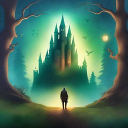 Create a captivating book cover featuring an enchanted forest with glowing magical creatures, a mysterious castle in the background, and an adventurous hero standing at the forefront