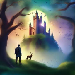 Create a captivating book cover featuring an enchanted forest with glowing magical creatures, a mysterious castle in the background, and an adventurous hero standing at the forefront