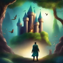 Create a captivating book cover featuring an enchanted forest with glowing magical creatures, a mysterious castle in the background, and an adventurous hero standing at the forefront