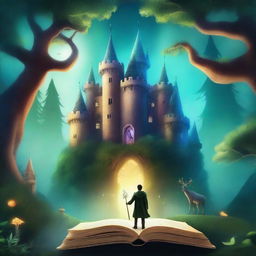 Create a captivating book cover featuring an enchanted forest with glowing magical creatures, a mysterious castle in the background, and an adventurous hero standing at the forefront