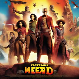 A dynamic and eye-catching movie poster featuring a diverse cast of characters in an epic adventure setting