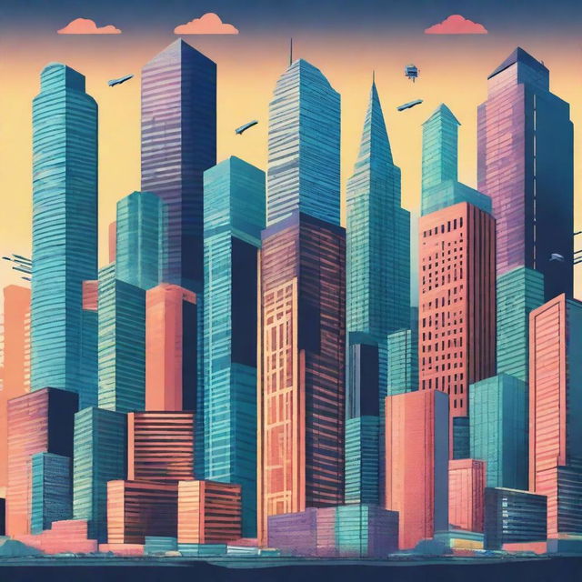 Create a movie poster featuring a cityscape where buildings are made of smartphones