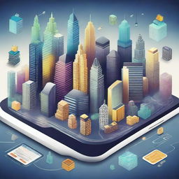 Create a movie poster featuring a cityscape where buildings are made of smartphones