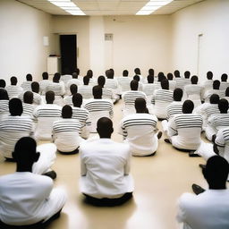 A large group of people wearing black and white striped prison uniforms are sitting cross-legged on the floor of a super spacious conference room with white walls, ceiling, and floor