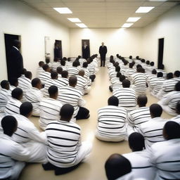 A large group of people wearing black and white striped prison uniforms are sitting cross-legged on the floor of a super spacious conference room with white walls, ceiling, and floor