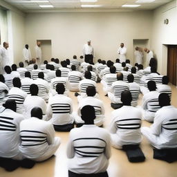 A large group of people wearing black and white striped prison uniforms are sitting cross-legged on the floor of a super spacious conference room with white walls, ceiling, and floor