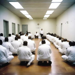 A large group of people wearing black and white striped prison uniforms are sitting cross-legged on the floor of a super spacious conference room with white walls, ceiling, and floor