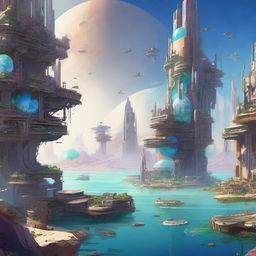 A futuristic city floating above a desolate Earth, where citizens live on luxurious floating islands