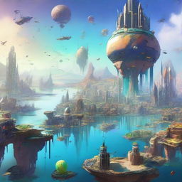 A futuristic city floating above a desolate Earth, where citizens live on luxurious floating islands