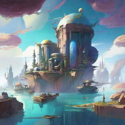 A futuristic city floating above a desolate Earth, where citizens live on luxurious floating islands