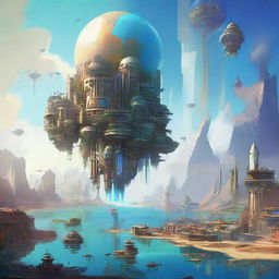 A futuristic city floating above a desolate Earth, where citizens live on luxurious floating islands