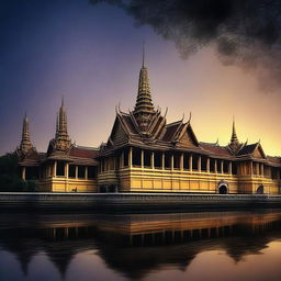 Create an image of a grand palace with dark surroundings