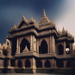 Create an image of a grand palace with dark surroundings