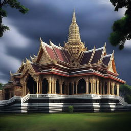 Create an image of a grand palace with dark surroundings