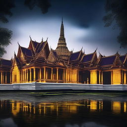 Create an image of a grand palace with dark surroundings