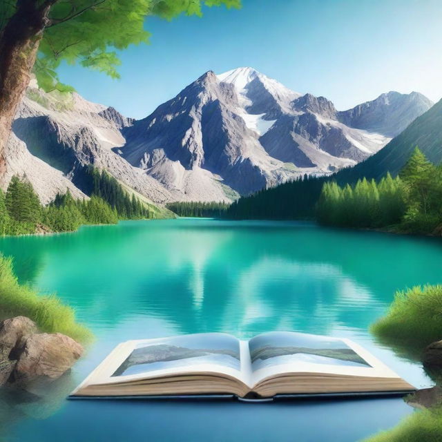 Create a book cover featuring a serene mountain lake situated in a crater