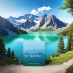 Create a book cover featuring a serene mountain lake situated in a crater