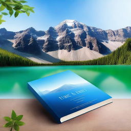 Create a book cover featuring a serene mountain lake situated in a crater