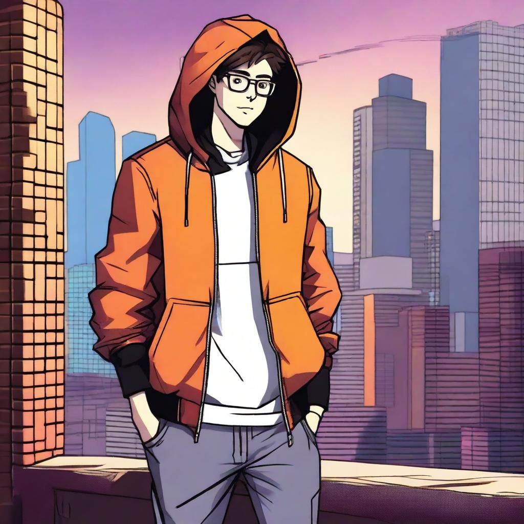 A nerd wearing a jacket with a hoodie, standing on the walls