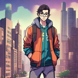 A nerd wearing a jacket with a hoodie, standing on the walls