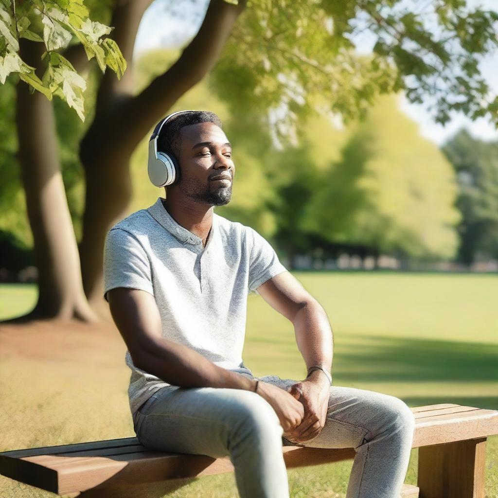 A man sitting on a wooden bench in a park, wearing headphones and listening to music