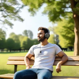 A man sitting on a wooden bench in a park, wearing headphones and listening to music