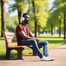 A man sitting on a wooden bench in a park, wearing headphones and listening to music