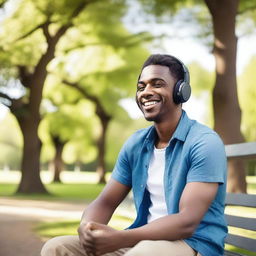 A man sitting on a wooden bench in a park, wearing headphones and listening to music