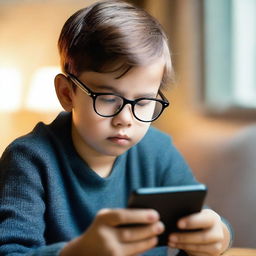 A young boy wearing eyeglasses is intently looking at his phone