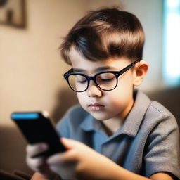 A young boy wearing eyeglasses is intently looking at his phone