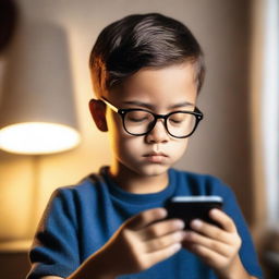 A young boy wearing eyeglasses is intently looking at his phone