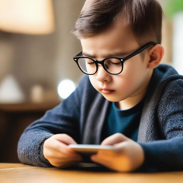 A young boy wearing eyeglasses is intently looking at his phone