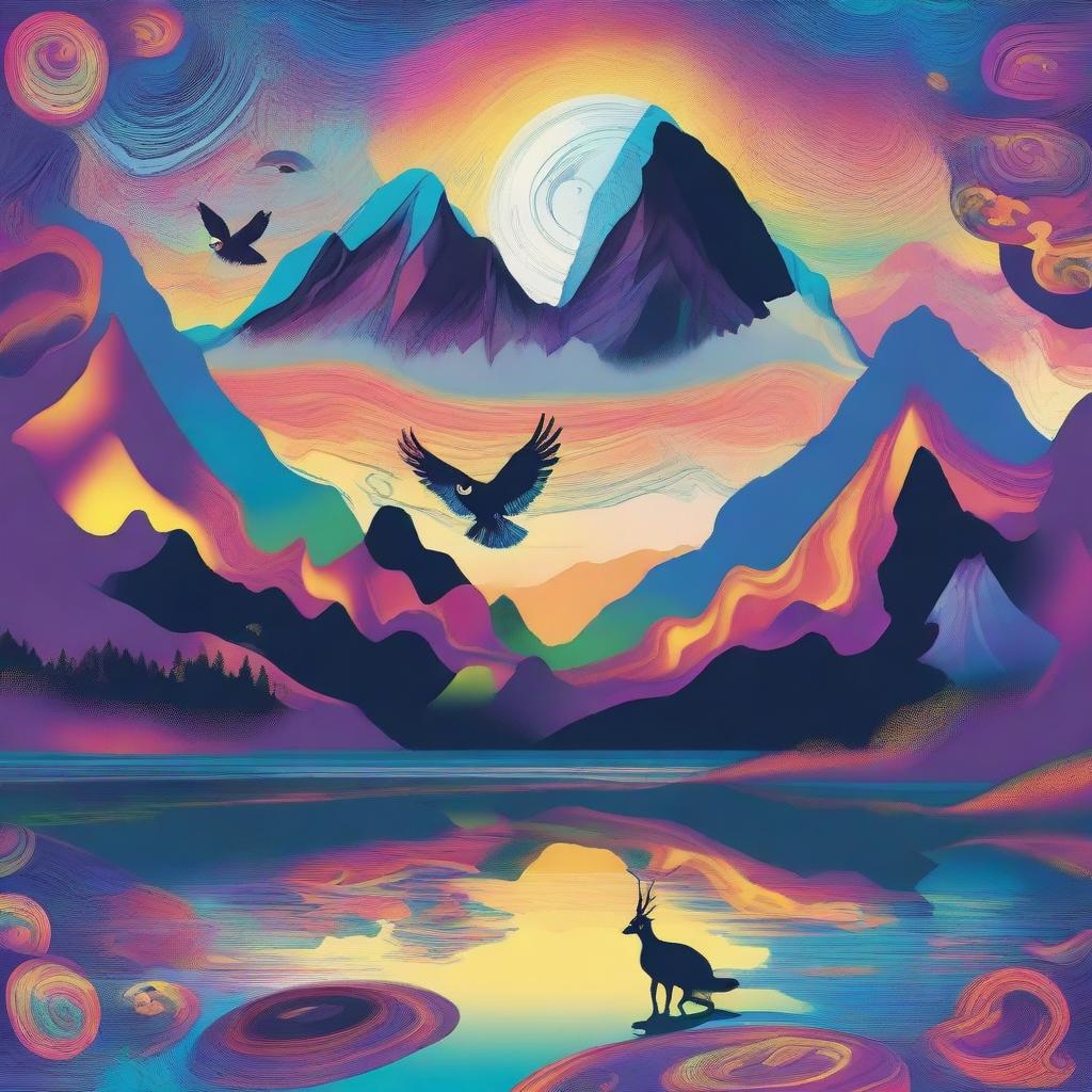 A beautiful lake situated in a mountain bowl, surrounded by towering peaks, all rendered in a vibrant psychedelic theme