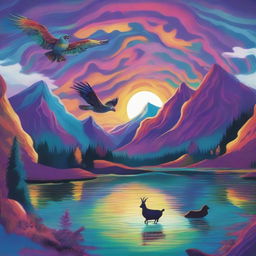 A beautiful lake situated in a mountain bowl, surrounded by towering peaks, all rendered in a vibrant psychedelic theme