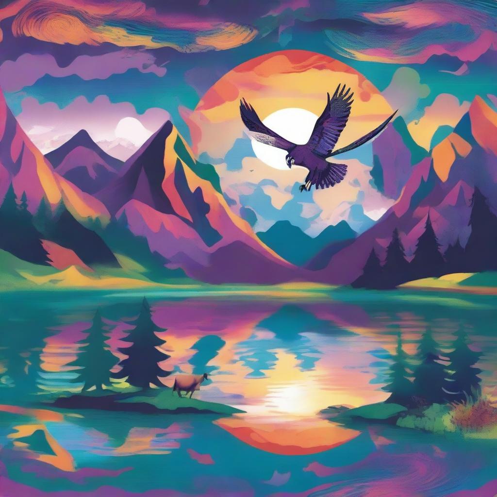 A beautiful lake situated in a mountain bowl, surrounded by towering peaks, all rendered in a vibrant psychedelic theme