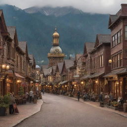 A picturesque, small mountain town, adorned with steampunk aesthetics, showcasing brass and copper-clad buildings, intricate cog-work street lamps, Victorian-era decorations, and steam-powered mechanisms amidst the Alpine scenery