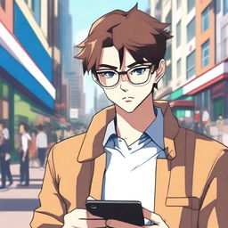 An anime guy wearing eyeglasses, looking intently at his phone